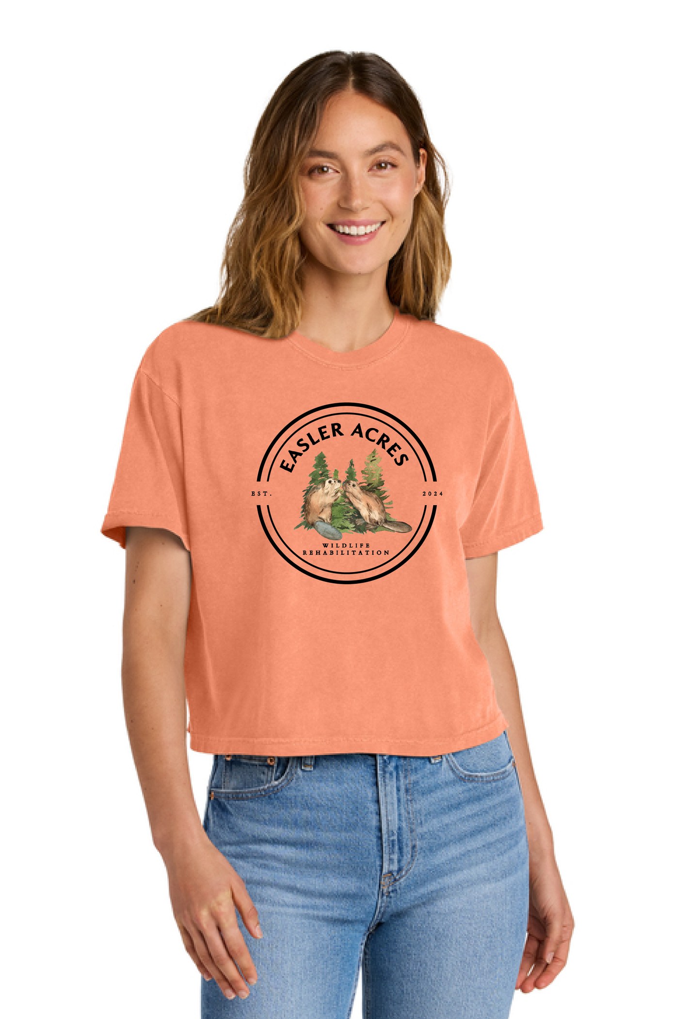 Easler Acres Crop Tee — Cantaloupe, front (big logo)