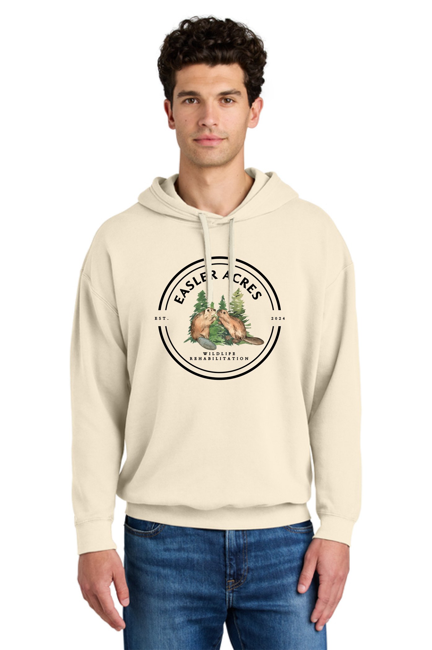 Easler Acres Hoodie — Ivory, front (big logo)