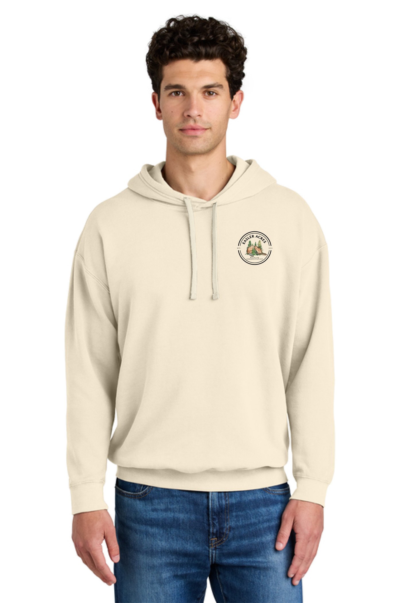 Easler Acres Hoodie — Ivory, front (small logo)